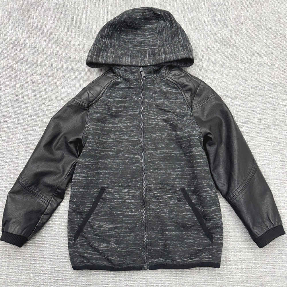 Urban Republic Boys Grey Marled Hooded Jacket Faux Black Leather Sleeves S 7/8